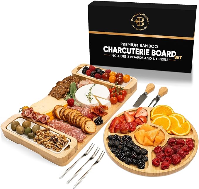 Charcuterie Board Gift Set - Bamboo Cheese Board & Serving Tray for Meat, Cheese, Crackers, Fruit - Large Wooden Charcuterie Boards for Parties - Wedding Gift, Housewarming, Gifts for Women & Couples