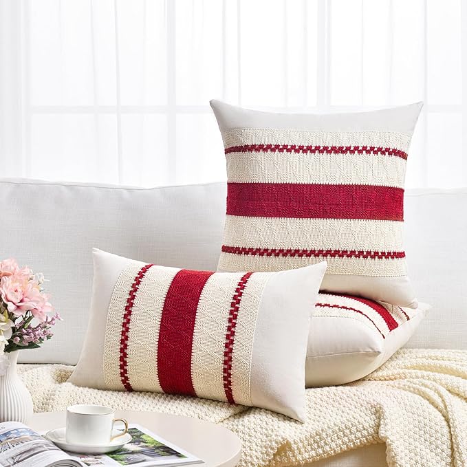Fancy Homi Set of 2 Boho Red Decorative Throw Pillow Cover 18x18 Inch for Couch Bed Sofa, Aesthetic Modern Organic Farmhouse Home Decor, Soft Cotton Cute Accent Macrame Woven Cushion Case