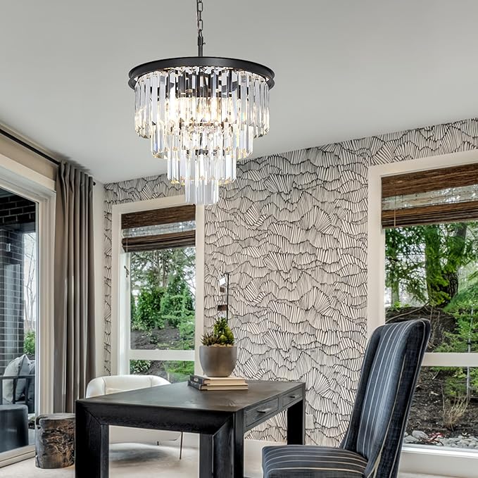 Black Crystal Chandeliers for Dining Room, 4-Tier 5 Lights Modern Chandelier Contemporary Luxury Top K9 Crystal Ceiling Pendant Light Fixture for Foyer Kitchen Bedroom Closet 18"