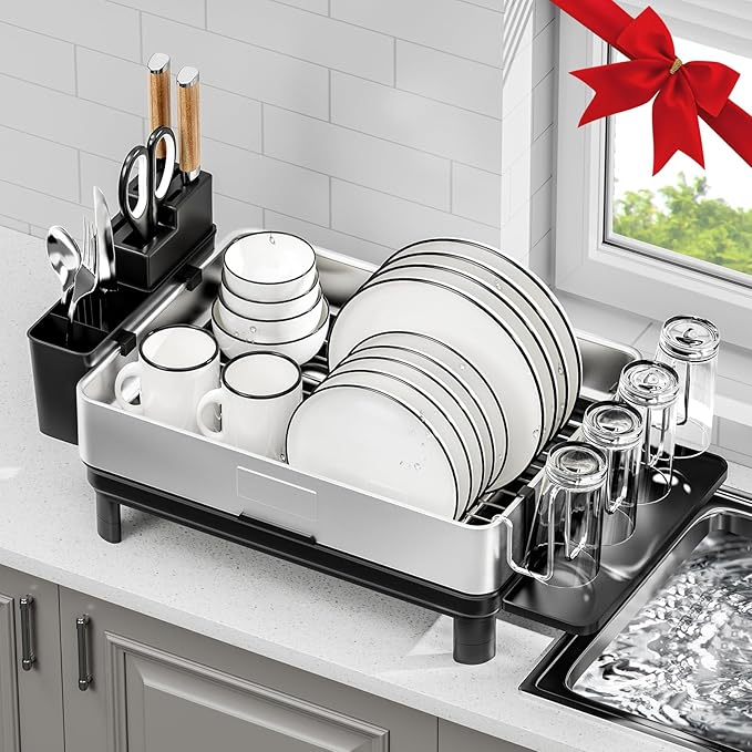 Dish Drying Rack, 304 Stainless Steel Dish Racks for Kitchen Counter, Dish Drainers with Automatic Drainage, Utensil Holder & Cups Holder, Space Saving Kitchen Organizer, Black