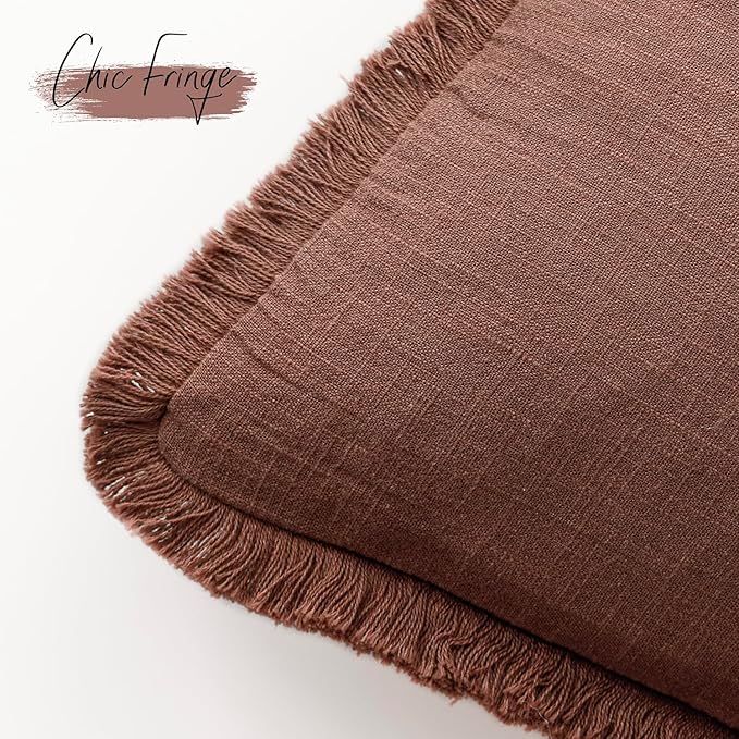 Foindtower Set of 2 Decorative Linen Fringe Lumbar Throw Pillow Covers Boho Farmhouse Cushion Cover with Tassels Soft Accent Pillowcase for Couch Sofa Bed Living Room Home Decor,12×20 Inch,Rust Red
