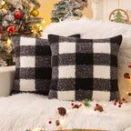 AQOTHES Black White Plaid Winter Throw Pillow Covers 18x18 Inch Set of 2, Boucle Faux Fur Pillow Covers,Cozy Fluffy Home Living Room Farmhouse Decor for Sofa Couch Bed