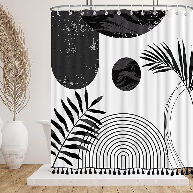 Boho Mid Century Leaf Shower Curtain Set,Arch Sun Design,Minimalistic Leaves Pattern,Waterproof and Luxurious Fabric-12 Hooks(Black-72" x 72")