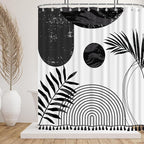 Boho Mid Century Leaf Shower Curtain Set,Arch Sun Design,Minimalistic Leaves Pattern,Waterproof and Luxurious Fabric-12 Hooks(Black-72" x 84")