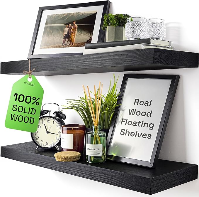 BAOBAB WORKSHOP Wood Floating Shelves for Bathroom Wall - Black Shelf 24 inch - Solid Wood Shelves for Wall for Bedroom Kitchen Living Room - Black Floating Shelves - 24 x 6.7 Inch, Set of 2