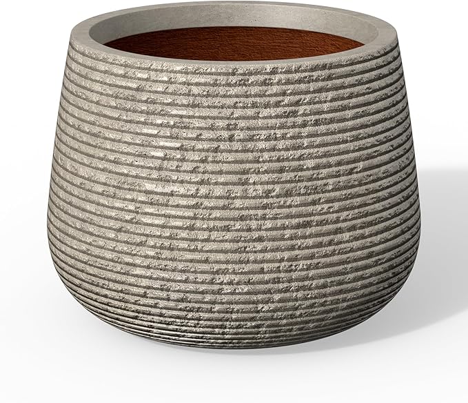 Kante 12.5" Dia Round Fluted Planter with Surface Indentations, Large Flower Pot with Drainage Hole for Indoor & Outdoor Plants, Weathered Concrete Finish with Warm Brown Interior