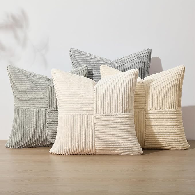 Topfinel Neutral Throw Pillow Covers for Couch,Boho Cozy Soft Cushion Covers Set of 4 with Corduroy,Nordic Accent Pillowcases for Sofa,Bed,Living Room Home Decor 18×18 Inch (Cream,White)