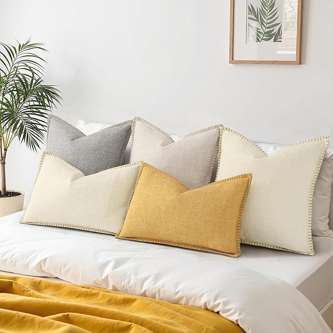 decorUhome Decorative Outdoor Throw Pillow Covers 18x18 Set of 2, Square Linen Rustic Neutral Farmhouse Euro Pillow Covers with Stitched Edge for Couch, Sofa, Living Room, Light Grey