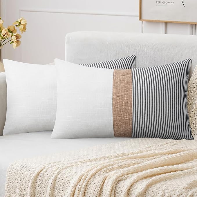 Adabana Stripe Pillow Covers 12x20 Set of 2 Square Patchwork Linen Decorative Lumbar Throw Pillow Covers Modern Farmhouse Decor Pollowcases for Couch Bedroom,White Stripe-1