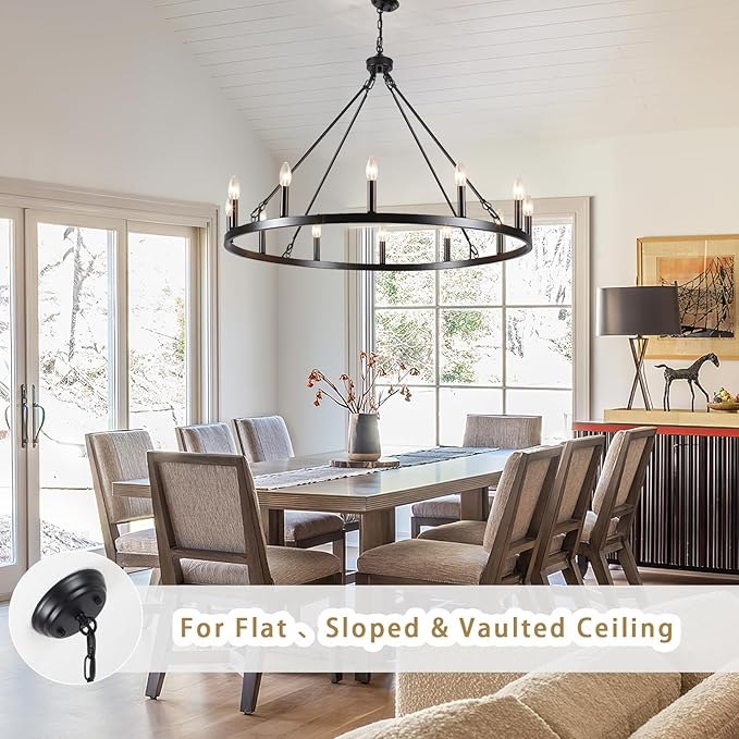 Wagon Wheel Chandelier 12 Light 38" Large Black Farmhouse Chandelier for Dining Room Rustic Country Pendant Light Fixtures Hanging Modern Round Chandeliers for Living Room High Ceilings Foyer Entryway