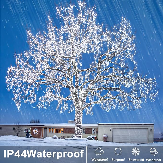 Christmas Lights Outdoor Waterproof, 8 Modes White String Lights for Bedroom Tree Patio Decor