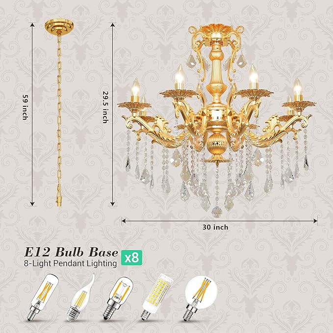 Luxury Gold Crystal Chandelier, 30" Vintage K9 Crystal Pendant Light with 8 Lights, Antique Brass Finish Ceiling Light Fixture with Scrolled Arms for Dining Room Living Room Foyer Villa Hotel