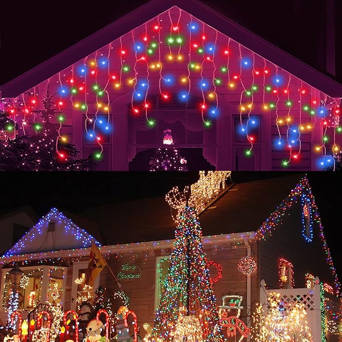 32.8ft 400 LED Icicle String Lights, 8 Modes Waterproof Icicle Christmas Lights Outdoor with Memory Function, Curtain Fairy Lights Hanging Decor for Home, Party, Christmas & Halloween (Multicolor)