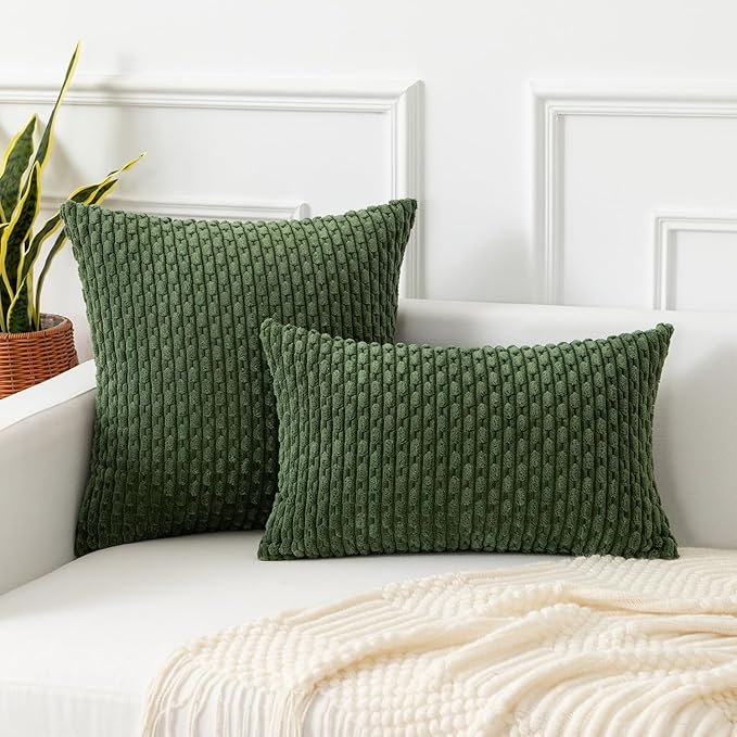 Kevin Textile Throw Pillow Covers Soft Corduroy Decorative Set of 2 Boho Striped Pillow Covers Pillowcases Farmhouse Home Decor for Couch Bed Sofa Living Room 12x20 Inch Moss Green