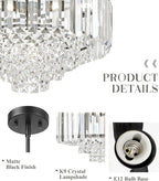 15'' Crystal Chandelier, 5-Tier Modern Chandelier with Matte Black Finish, Pendant Light for Dining Room Kitchen Island Bedroom Entryway, CC4215-5W-BK