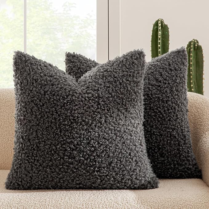 MIULEE Pack of 2 Throw Pillow Covers 18x18 Inch Dark Gray Faux Fur Decorative Sherpa Pillow Covers Fuzzy Accent Soft Sheepskin Fleece Cushion Cases for Boho Home Decor Couch Living Room Bed