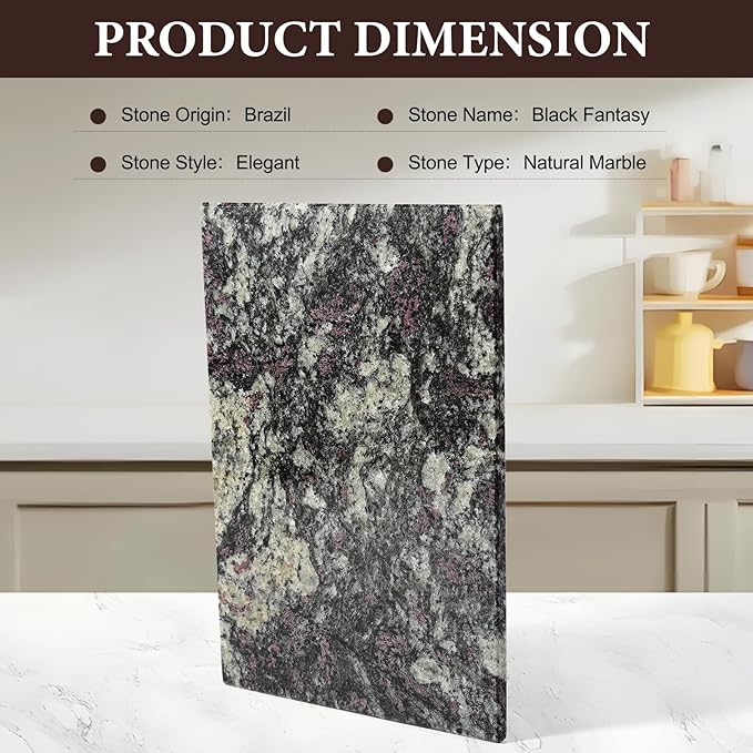 Koville Natural Marble Cutting Board for Kitchen Counter, 12" x 8" x 0.4" Real Stone Slab Marble Cheese Board for Home Decor, Granite Pastry Boards Granite Cutting Boards Candle Plate - Black Fantasy