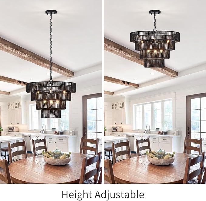 Black Rattan Chandelier Vintage Farmhouse 6-Lights Boho Hand-Woven Bamboo Black Chandeliers Light Fixture Retro Drum Wicker Chandelier for Dining Room, Kitchen, Living Room, E12