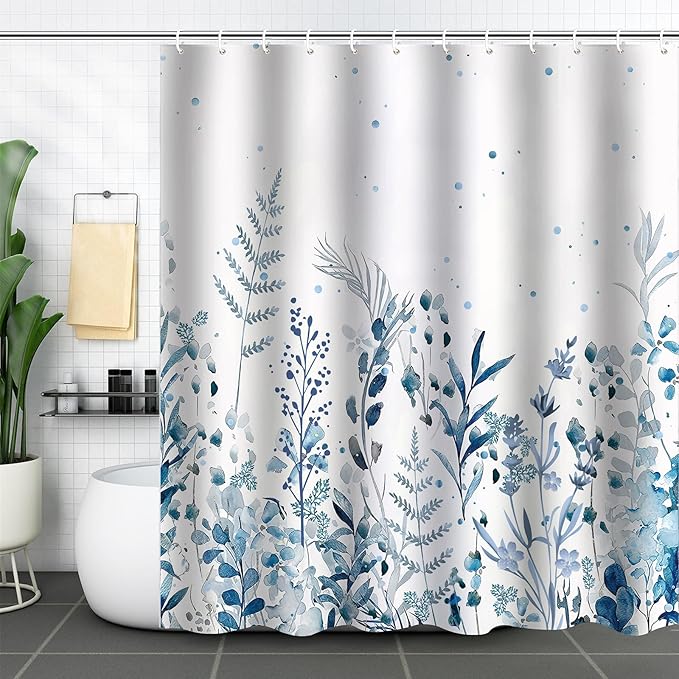 Blue Eucalyptus Leaves Shower Curtain Watercolor Leaves Plant with Floral Shower Curtains for Bathroom Waterproof Polyester Fabric Bath Curtain 72 x 72 Inch with 12 Hooks