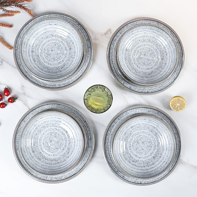 Melamine Dinnerware Sets 12 PCS - Service for 4 Plates & Bowls Sets Dishwasher Top-Shelf Safe, BPA Free Dinner Dishes Set for Everyday Use-Granite Pattern Gray