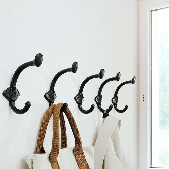 SKOLOO Heavy Duty Black Wall Hooks, Farmhouse Style Cast Iron Hooks, Pack of 5, Ideal for Backpack, Coat, and Towel Hooks - Perfect for Entryway, Mud Room, and Bathroom Storage