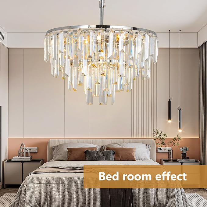 Chrome Modern Round Top K9 Crystal Chandelier Lighting Fixture, 6 Lights Round K9 Crystal Adjustable Hanging Lamp for Dining Room Bedroom Living Room,Hallway,Bar,Kitchen W17''