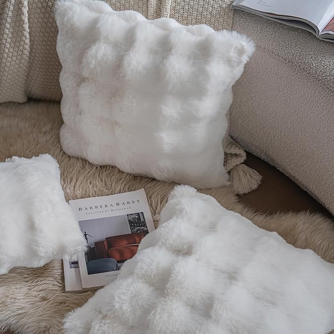 Neelvin Cream White Faux Fur Cozy Soft Double-Sided Decorative Throw Pillow Covers 18x18 inch Set of 2,Velvet Pillowcase Cushion Case for Sofa Couch