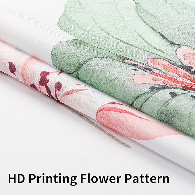 QiyI Flower Shower Curtain with Snap in Liner, Sage Green and Pink Watercolor Floral Cloth Bath Curtains, No Hook Shower Curtains with Mesh Top Window, Waterproof Bathroom Curtain Set, 72 x 81 Inch
