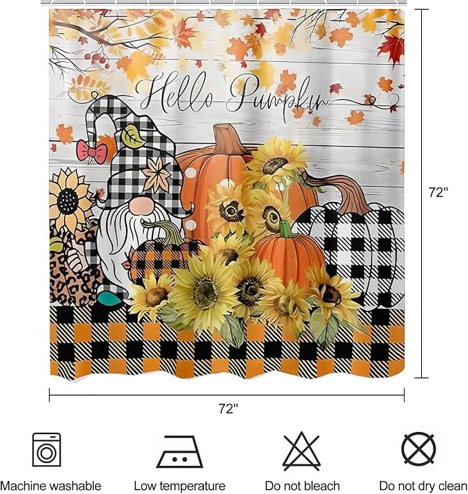 Fall Gnome Plaid Pumpkin Shower Curtain Autumn Maple Leaves Sunflower Orange Plaid Thanksgiving Farmhouse Bathroom Curtains Waterproof Polyester Fabric Bath Curtain 72 x 72 Inch with 12 Hooks