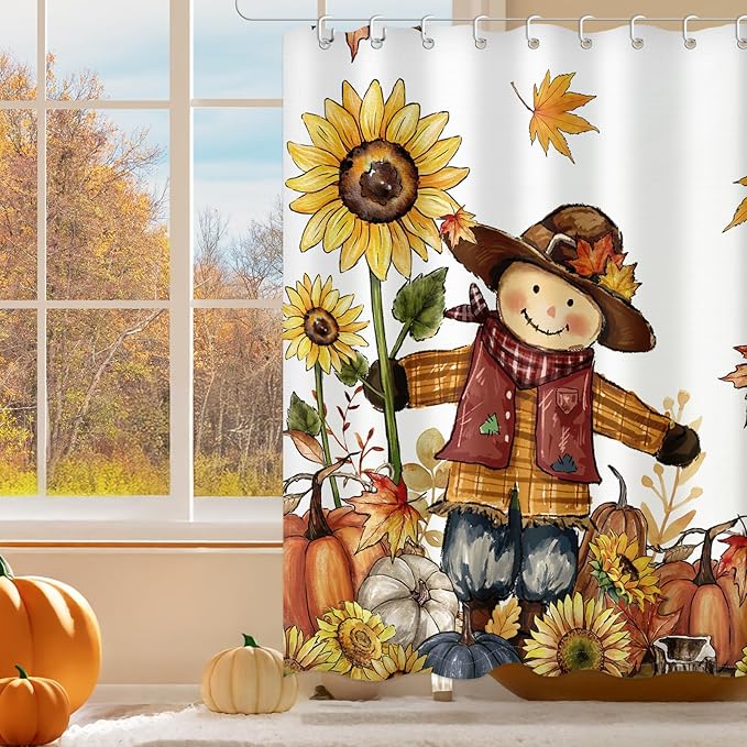 Scarecrow Pumpkin Harvest Shower Curtain, Autumn Thanksgiving Home Decor Fall Bathroom Curtain Set - 72x72 Inch Waterproof Polyester Fabric with Hooks