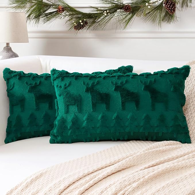 OTOSTAR Set of 2 Xmas Soft Plush Short Wool Velvet Decorative Throw Pillow Covers Rectangular Luxury Style Cushion Case Pillow Shell for Sofa Bedroom Christmas Tree and Elk Green, 12x20 Inch