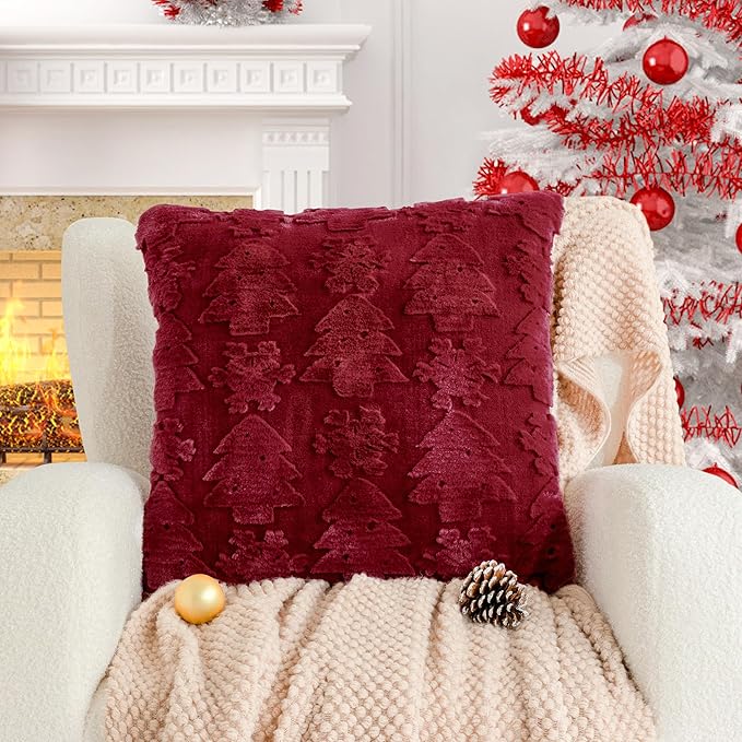 Christmas Pillow Covers 18x18, Soft Faux Rabbit Fur Throw Pillow Covers with 3D Embroidery Christmas Tree and Snowflake Design for Winter Holiday Home Decor, Couch Sofa Bedroom, Red