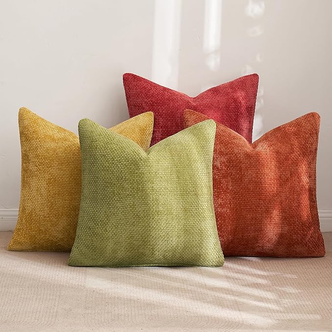 MIULEE Pack of 4 Fall Burnt Orange Couch Throw Pillow Covers 16x16 Inch Yellow Green Soft Decorative Chenille Pillows Farmhouse Accent Cushions for Boho Home Decor Spring Sofa Bedroom Living Room