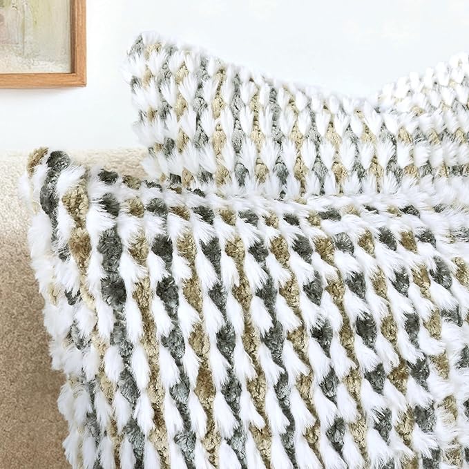 Boho Chenille Tufted Pillow Cover 14x36 Inch Set of 1, Farmhouse Striped Decorative Pillow Covers Accent Fluffy Neutral Long Body Bolster Pillow for Couch Sofa Bedroom Living Room, Brown Gray