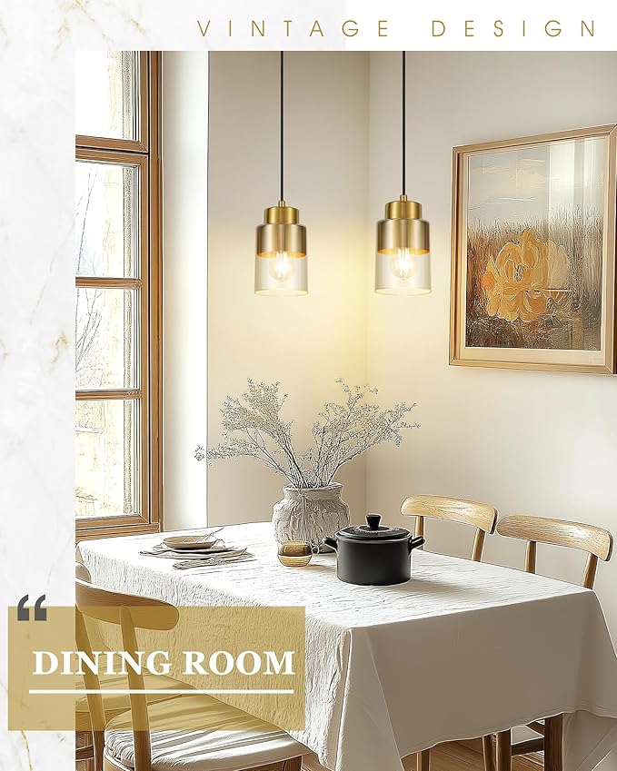 2-Pack Pendant Lights Kitchen Island, Brushed Gold Dual Shade Hanging Lights Fixtures with Metal and Clear Glass, Brass Kitchen Pendant Lighting Over Island for Dining Room, AD-24022-1P2-GD