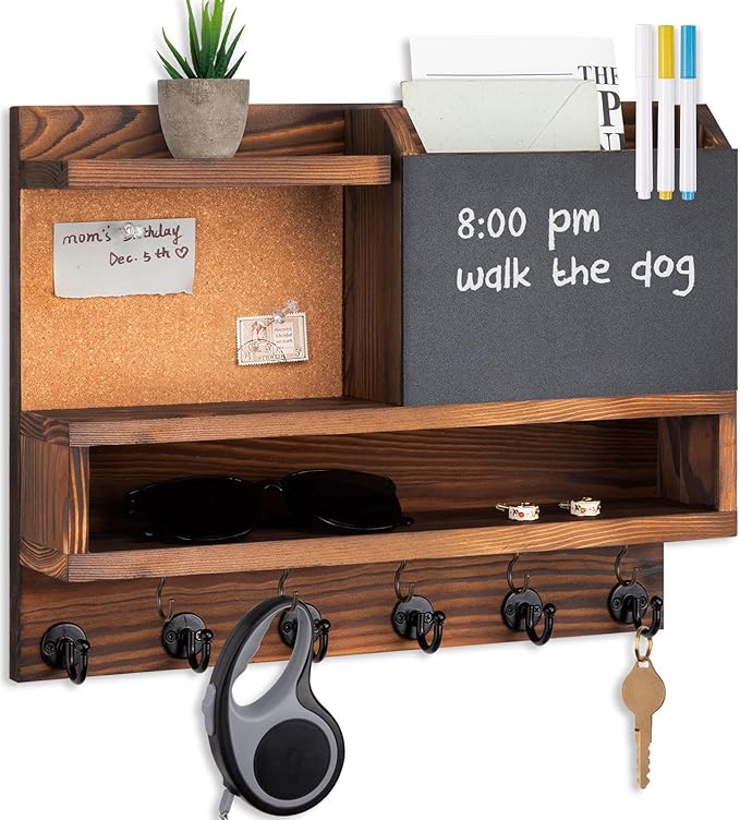 Key Holder for Wall Mount with Mail Organizer, Farmhouse Key Holder for Wall with Shelf, Chalkboard&Corkboard, Entryway Organizer 11 Metal Hooks, Decorative Natural Pine Wood, 14.6*11.1*3.3”, A-Brown