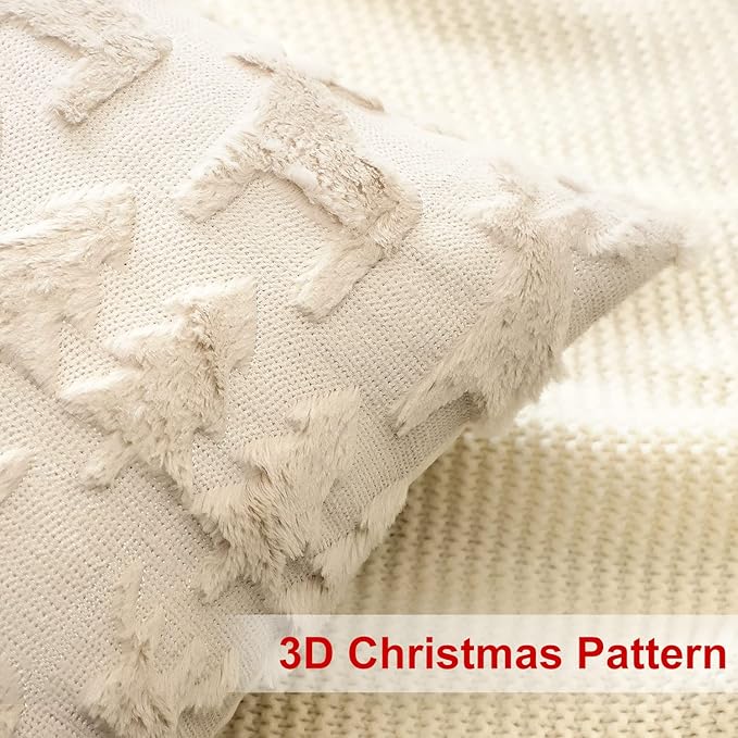 OTOSTAR Set of 2 Xmas Soft Plush Short Wool Velvet Decorative Throw Pillow Covers Square Luxury Style Cushion Case Pillow Shell for Sofa Bedroom Christmas Tree and Elk Cream Beige, 14x14 Inch