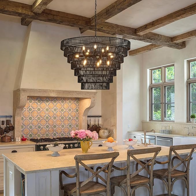 39.4“ Large Black Rattan Chandelier Vintage Farmhouse 15-Lights Boho Hand-Woven Bamboo Chandeliers Light Fixture Rustic Drum Wicker Chandelier for Dining Room, Living Room, Kitchen Island, E12