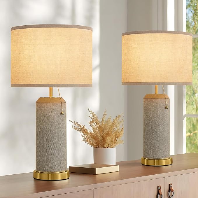 Boho Bedside Table Lamps Set of 2-22.4" Modern Nightstand Lamp for Bedroom Living Room, Vintage End Table Lamp with Linen Shade