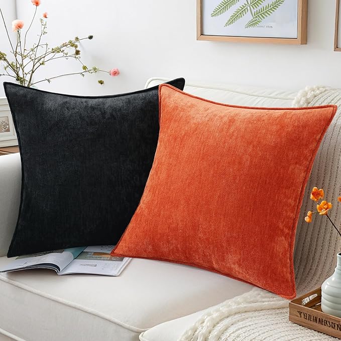 decorUhome Couch Throw Pillow Covers 20x20 Set of 2, Decorative Soft Euro Neutral Chenille Pillow Covers with Elegant Design for Sofa Bed Living Room Home Decor, Black
