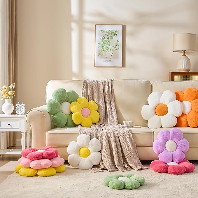 4 PCS Flower Pillows Flower Shaped Throw Pillow Cute Daisy Pillows Seating Cushions for Adults Kids Home Bedroom Sofa Chair Couch Decor (White/Pink/Lavender/Dusty Pink, 15.74 inch)