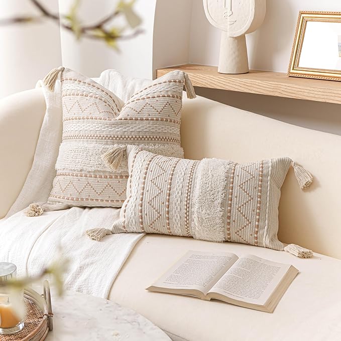 BlissBlush Decorative Throw Pillow Cover 18x18 Square Cream Neutral White Boho Accent Pillowcase Tassels Farmhouse Cushion for Couch Sofa Bedroom Living Room Home Décor (Cover ONLY, Pack of 1)