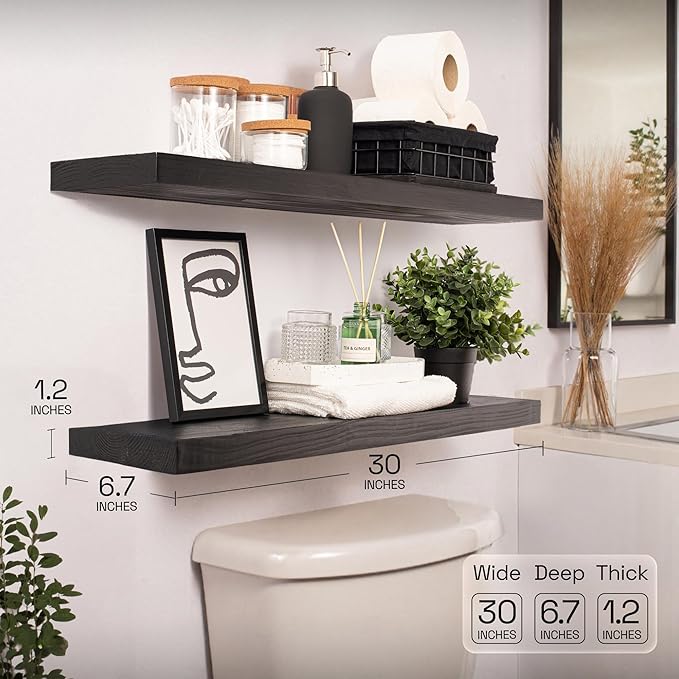 BAOBAB WORKSHOP Solid Wood Floating Shelves for Wall 30 Inches Long, Real Wooden Bathroom Shelf Large, Heavy Duty Wall Shelves Mounted Kitchen Bedroom Farmhouse, Black Shelf, 30W × 6.7D, Set of 2
