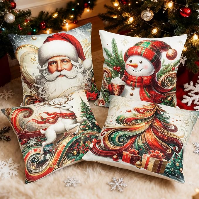 Christmas Throw Pillow Covers 18x18 Set of 4 Winter Holiday Decorative Pillowcase Reindeer Snowman Christmas Tree Santa Farmhouse Home Decor for Sofa Couch Cushion