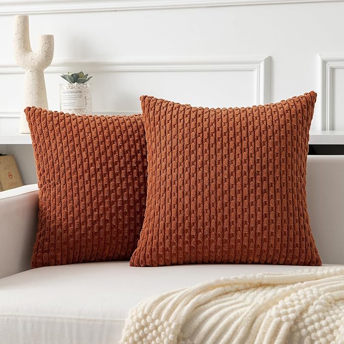 Kevin Textile Fall Throw Pillow Covers Soft Corduroy Decorative Set of 2 Boho Striped Pillow Covers Pillowcases Farmhouse Home Decor for Couch Bed Sofa Living Room 18x18 Inch Rust Brown