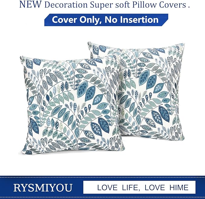 Decorative Throw Pillow Covers Set of 2 Blue Green Small Leaves Pillow Covers 20x20 inch Soft Short Plush Square Floral Throw Pillows,Farmhouse Outdoor Pillow Covers for Couch Living Room