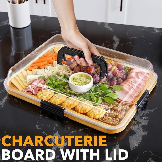 SpaceAid Charcuterie Board with Clear Lid, Portable Travel Cheese Cutting Boards for Picnic Accessories, Bamboo Serving Tray with Lids, House Warming Gifts, Black Handles, 1 Compartments