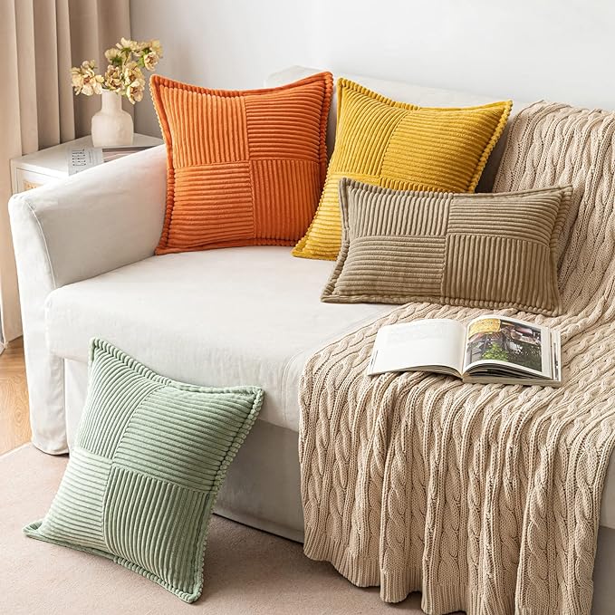 MIULEE Decorative Throw Pillow Covers for Couch Bed Livingroom 18x18 Inch Set of 2 Khaki Boho Accent Throw Pllows Broadside Striped Patchwork Soft Corduroy Pillowcases