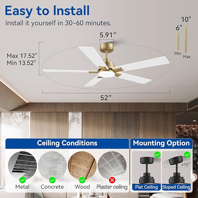 52Inch Smart Ceiling Fan with Lights Remote,APP&Alexa WIFI Controled,Quiet Reversible DC Motor,Dimmable LED,Indoor Outdoor Modern Ceiling Fan,for Living Room Bedroom Patio Porch,Gold White&Black