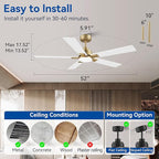 52Inch Smart Ceiling Fan with Lights Remote,APP&Alexa WIFI Controled,Quiet Reversible DC Motor,Dimmable LED,Indoor Outdoor Modern Ceiling Fan,for Living Room Bedroom Patio Porch,Gold White&Black